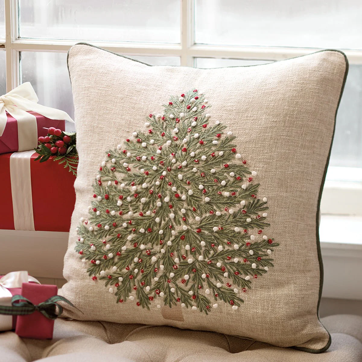 Embroidered Tree Pillow with Ornaments - Image 2