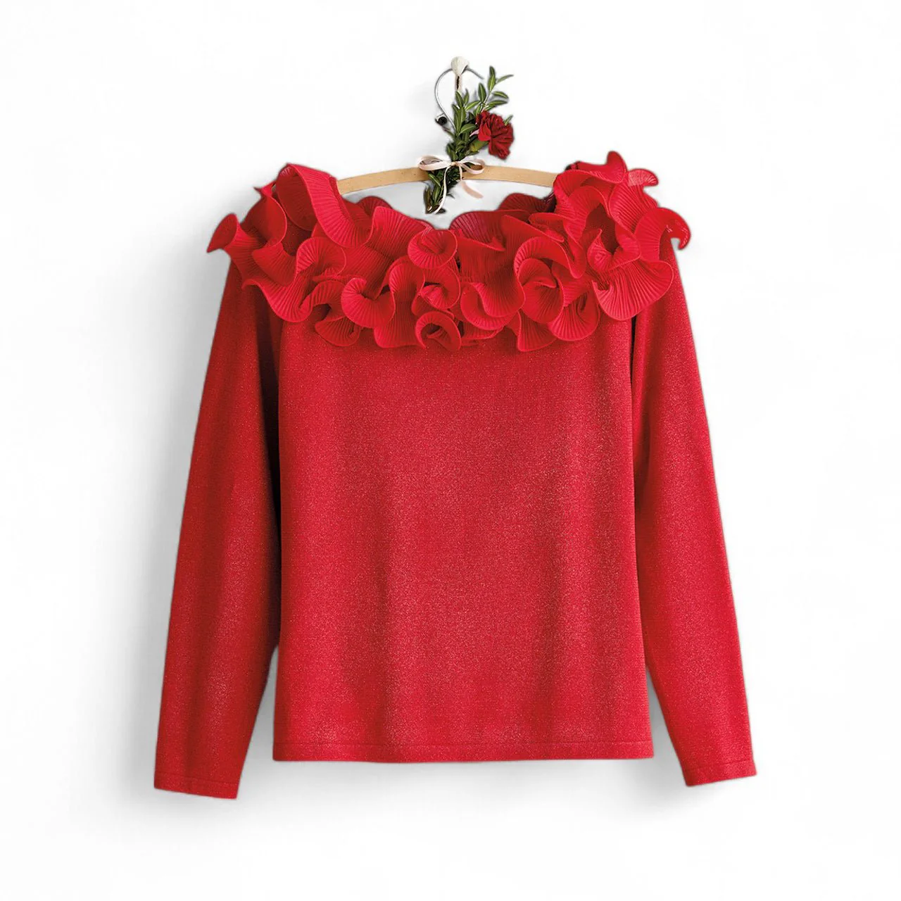 Ruffled Top Red Sweater