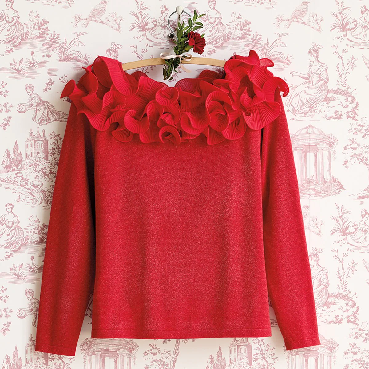 Ruffled Top Red Sweater - Image 2